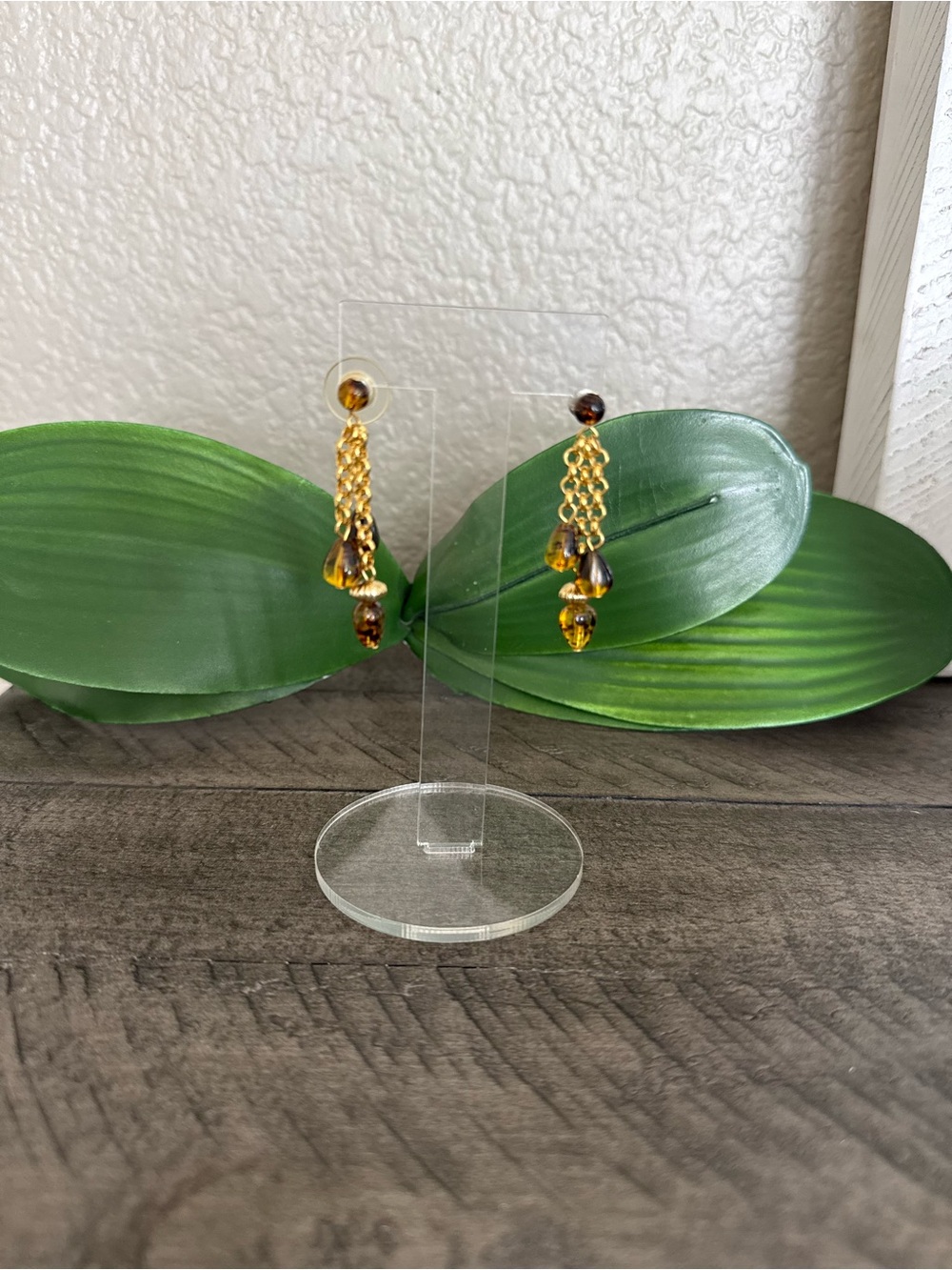 Gold Chain Drop Earrings with Amber Beads - Women's Jewelry